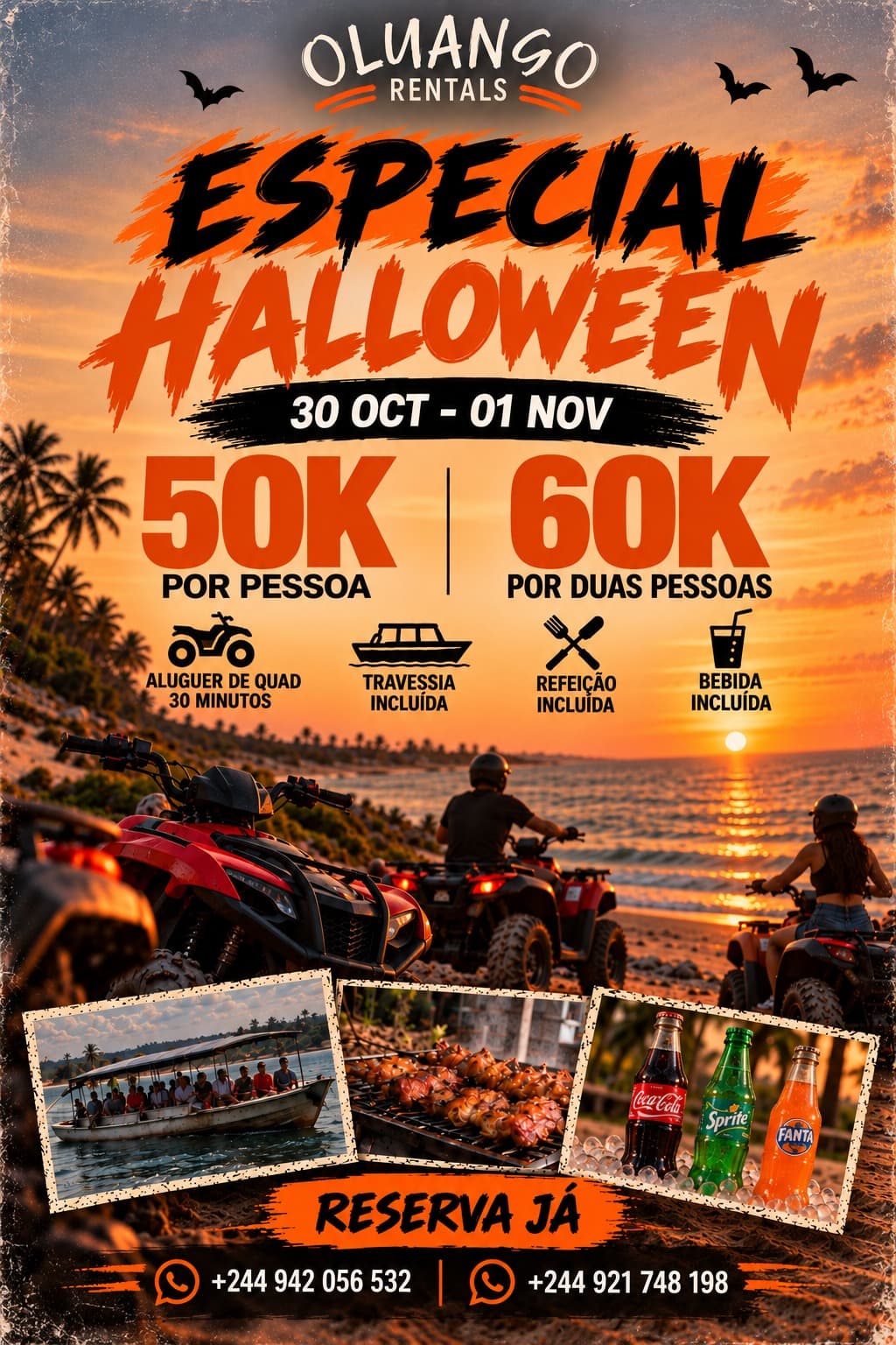 Especial Halloween Oluango Rentals, de 30 de outubro a 1 de novembro: 50 000 Kz por pessoa ou 60 000 Kz por duas pessoas, com aluguer de quad de 30 minutos, travessia, refeição e bebida incluídas.